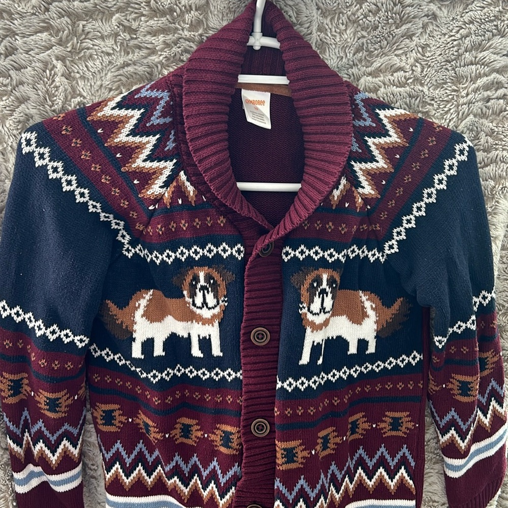 Boys Gymboree shawl collar cardigan. Burgundy-navy-white-brown. Size 10.